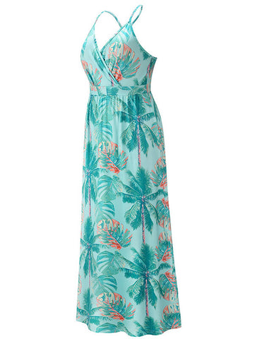 Woochic robe longue imprimé tropicale feuille fluide dos nu à fines brides v-cou bohème mode de plage